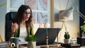 Woman boss shouting online conference in office close up. Ceo worried problems.