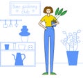 Woman botanist vector illustration. Girl staying with a potted plant in her hand. Botanic job, plant investigation