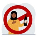 A woman with a bottle of alcohol in his hand. Around the woman is a red prohibition sign. The concept of addiction to