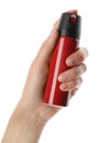 Woman with bottle of gas pepper spray on white background Royalty Free Stock Photo