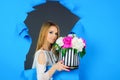 Woman with bouquet of flowers. Beautiful girl with peony bouquet. Flowers present for woman. Smiling girl with peonies Royalty Free Stock Photo