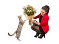 Woman bouquet flowers cat