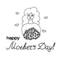 Woman with a bouquet of flowers. template card, poster, banner with lettering Happy Mothers Day. hand drawn doodle style. vector, Royalty Free Stock Photo