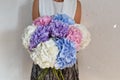 Woman with bouquet of hydrangeas. Beautiful fresh delicate flowers for holiday. Woman with beautiful flowers in her hands