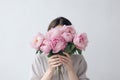 Woman Bouquet Peonies. Generate Ai