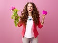 Woman with bouquet of tulips and heart shaped box of chocolates Royalty Free Stock Photo