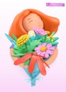 Woman with a bouquet of wildflowers. vector plasticine art object