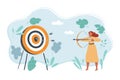 Woman with bow and arrow shot on target.