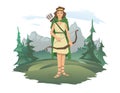 A woman with a bow and arrow standing against the background of a forest and a mountain landscape. Huntress or goddess Royalty Free Stock Photo