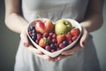 Woman bowl heart fruits. Generate Ai