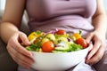 Woman bowl vegetables cream. Generate Ai