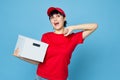 woman with box in hands delivery courier blue background