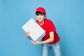 woman with box in hands delivery courier blue background