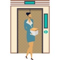 Woman with box at office elevator vector icon