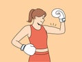 Woman boxer shows biceps and smiles demonstrating strength and determination to defeat opponent