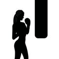Woman boxing with black punching bag, icon in vector
