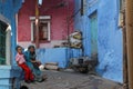 Woman and boy in Jodhpur blue streets