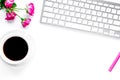 woman breakfast with coffee and flowers in office on white background top view mockup