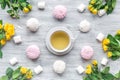 Woman breakfast with roses and marsh-mallow light wooden table top view pattern Royalty Free Stock Photo