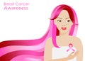 Woman breast cancer awareness concept. beautiful woman with pink ribbon hair holding pink ribbon, Royalty Free Stock Photo