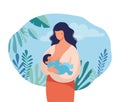 Woman breastfeeding a baby on a natural background. Mom holds the baby in her arms and feeds with breast milk. Flat