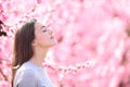 Woman breathing and smelling in a pink flowered field Royalty Free Stock Photo