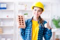 The woman with brick in construction concept Royalty Free Stock Photo