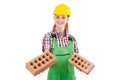 Woman with bricks isolated