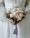 woman with bridal bouquet. eremony wedding day. hands with wedding rings. Royalty Free Stock Photo