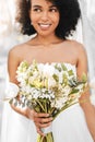 Woman, bride and flowers on wedding day for marriage outdoor or celebration, ceremony or gown. Female person, bouquet Royalty Free Stock Photo