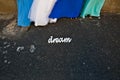 Woman bride maids in colorful blue dresses stand by a sign. Dream