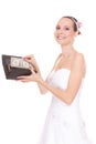 Woman bride with one dollar. Wedding expenses. Royalty Free Stock Photo