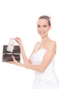 Woman bride with one dollar. Wedding expenses. Royalty Free Stock Photo