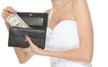 Woman bride with one dollar. Wedding expenses. Royalty Free Stock Photo