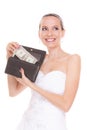 Woman bride with one dollar. Wedding expenses. Royalty Free Stock Photo