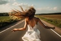 woman bride in wedding dress run away in road from wedding generative ai Royalty Free Stock Photo