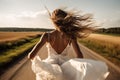 woman bride in wedding dress run away in road from wedding generative ai Royalty Free Stock Photo