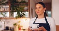 Woman bringing order to customers. Smiling waitress taking order to happy customer. Cafe service for person ordering Royalty Free Stock Photo