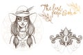 A woman in a broad-brimmed hat. A set of outline illustrations with sketches of tattoos