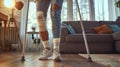 Woman with broken leg in cast makes good progress and walks with crutches in the living-room. Young patient undergoes Royalty Free Stock Photo