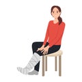 Woman with broken leg and crutch semi flat color vector character. Sitting figure. Full body person on white. Injury recovery
