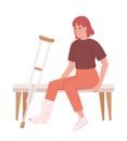 Woman with broken leg and crutch semi flat color vector character