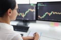 Woman broker is studying stock market closeup