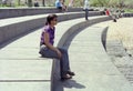 Woman at Brooklyn Bridge Park Beach USA