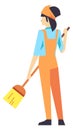 Woman with broom in professional cleaner uniform. Floor dusting