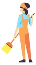 Woman with broomstick. Cleaning person in janitor uniform