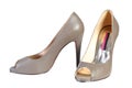 Woman brown fashion shoe high heels on white background
