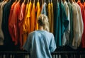 Woman browsing through a colorful array of clothes on hangers in a boutique store. Royalty Free Stock Photo