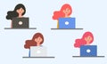 Woman, brunette, brown-haired, redheaded girl sitting at her laptop. Online work, online learning. Set of avatars