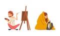 Woman with Brush and Palette Painting on Drawing Easel and Covered with Blanket Stroking Cat Staying Home Vector Set Royalty Free Stock Photo